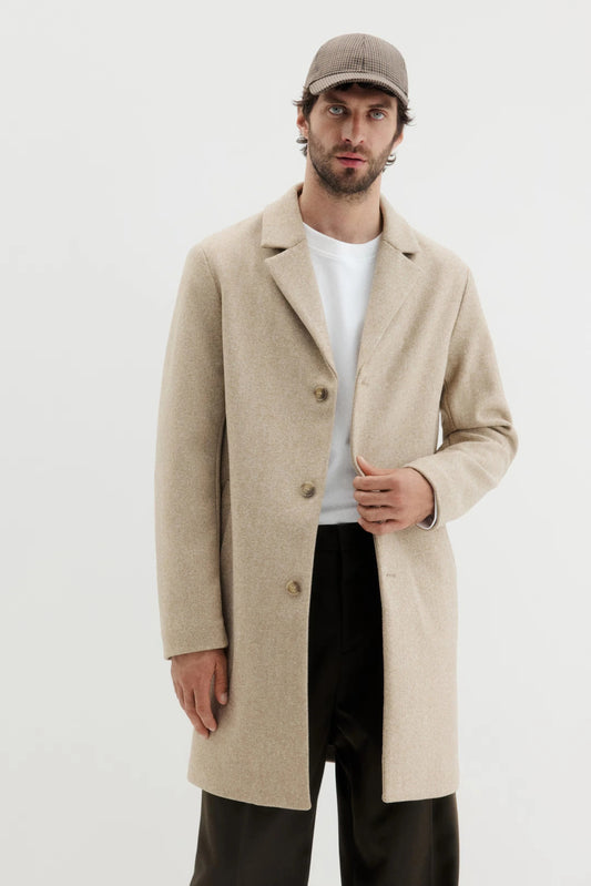 Beige Wool Blend Overcoat – Classic Single-Breasted Winter Coat