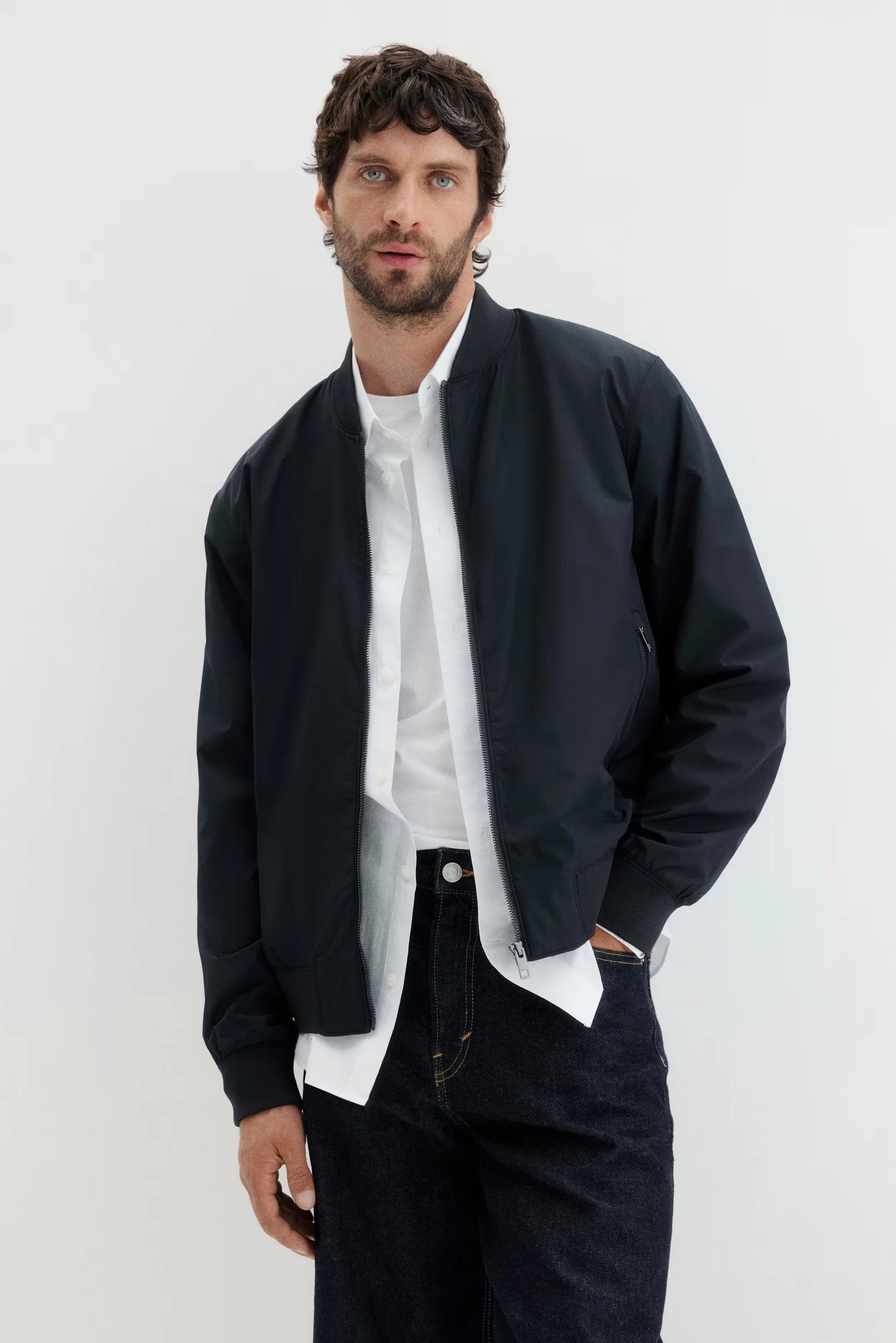 Black Lightweight Bomber Jacket – Minimal Zip-Up Flight Jacket for Everyday Wear