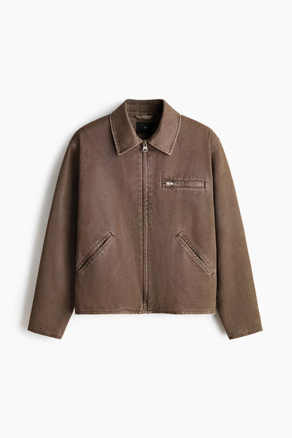 Brown Zip-Up Casual Jacket – Vintage Style Cotton Jacket with Collar