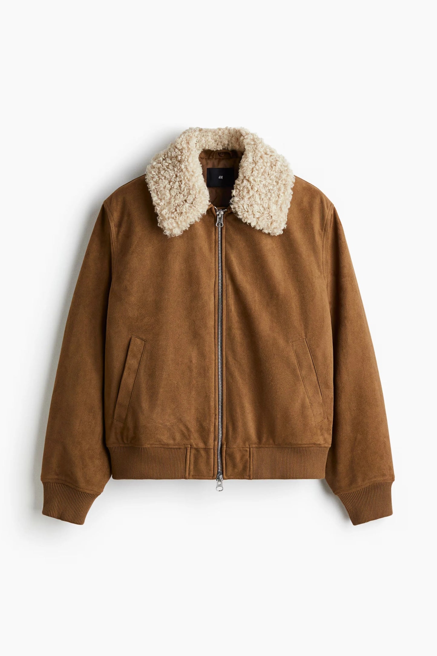 Brown Shearling Collar Jacket – Zip-Up Suede-Style Winter Bomber