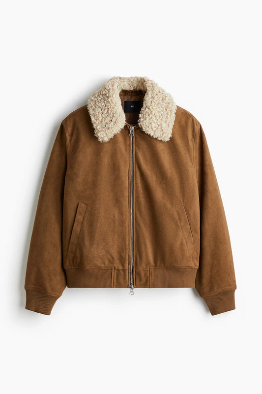 Brown Shearling Collar Jacket – Zip-Up Suede-Style Winter Bomber