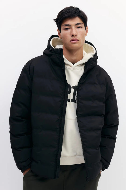 Black Hooded Puffer Jacket – Warm Lightweight Winter Zip-Up Coat