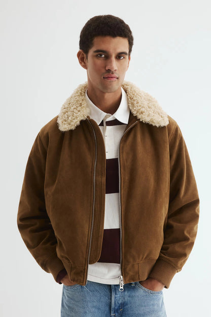Brown Shearling Collar Jacket – Zip-Up Suede-Style Winter Bomber