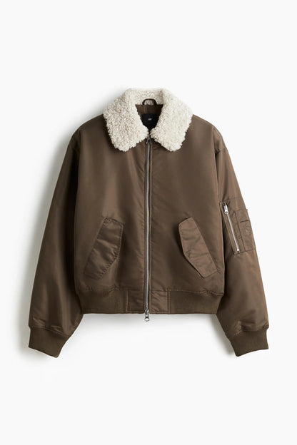 Brown Shearling Collar Bomber Jacket – Zip-Up Winter Flight Jacket