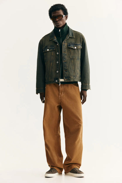 Green Wash Denim Jacket – Vintage Button-Up Trucker Jacket