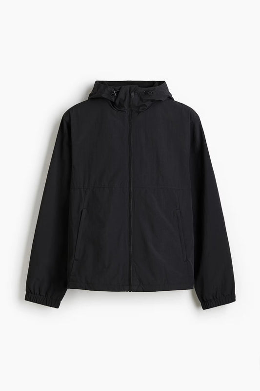 Black Hooded Lightweight Jacket – Minimal Zip-Up Windbreaker for Everyday Wear
