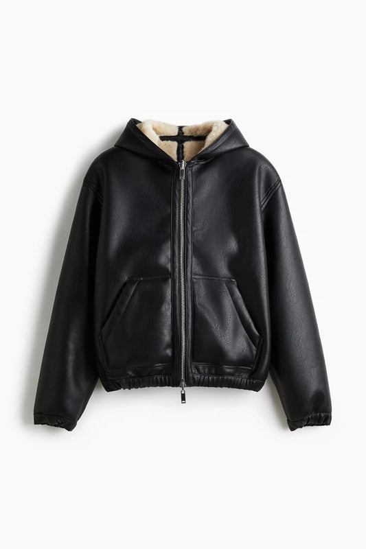 Black Hooded Shearling Leather Jacket – Warm Zip-Up Winter Hoodie Coat