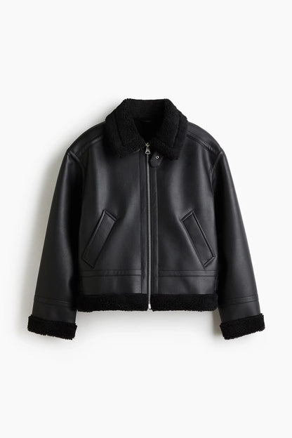 Black Shearling Leather Jacket – Classic Aviator Zip-Up Winter Coat