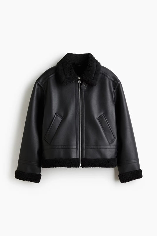 Black Shearling Leather Jacket – Classic Aviator Zip-Up Winter Coat