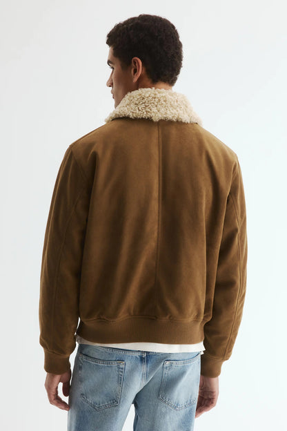Brown Shearling Collar Jacket – Zip-Up Suede-Style Winter Bomber