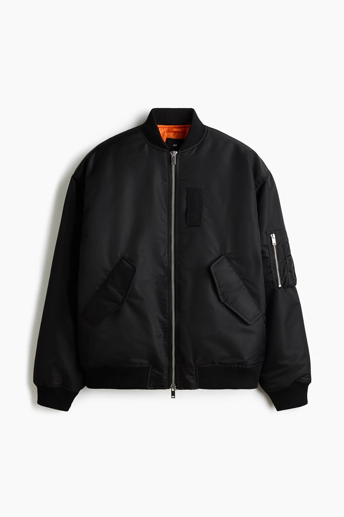 Black Bomber Jacket with Orange Lining – Classic Zip-Up Flight Jacket
