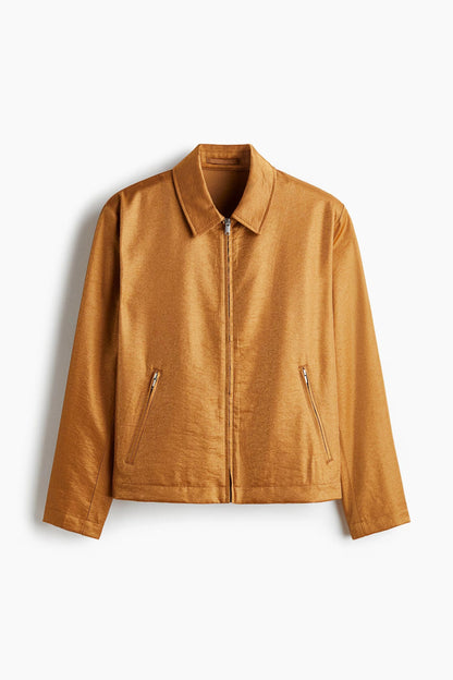 Mustard Brown Zip-Up Casual Jacket – Lightweight Minimal Jacket with Collar