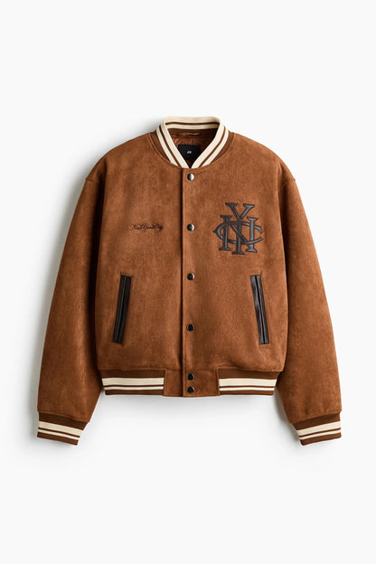 Brown Varsity Jacket – Vintage College Style Snap-Button Bomber Jacket