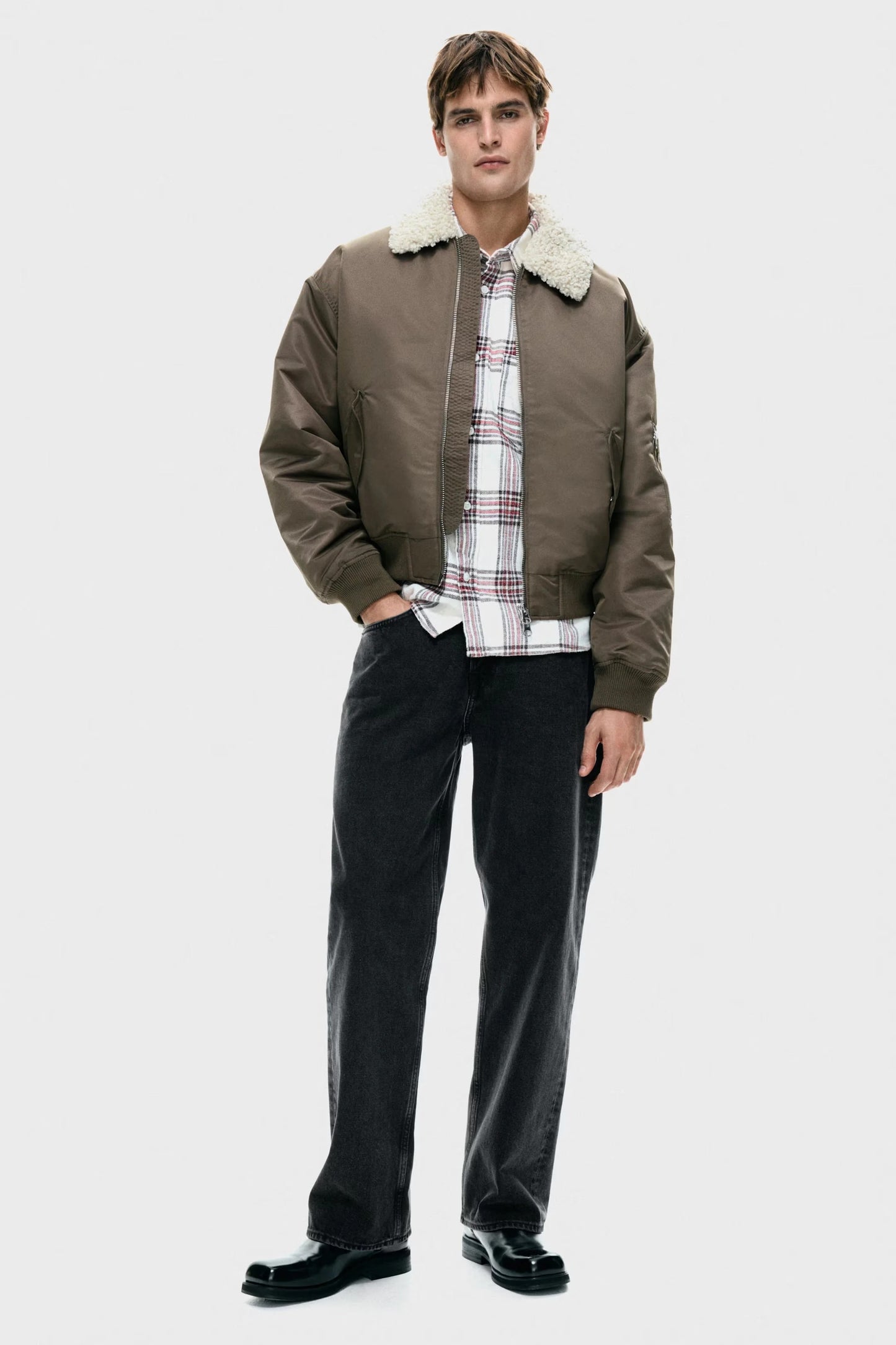 Brown Shearling Collar Bomber Jacket – Zip-Up Winter Flight Jacket