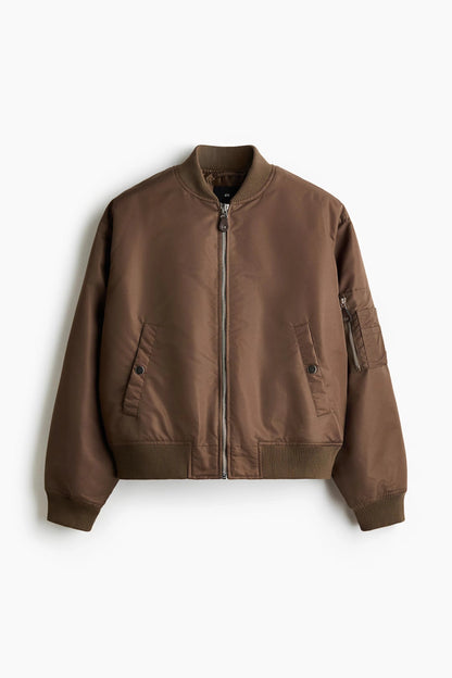 Brown Bomber Jacket – Classic Zip-Up Flight Jacket with Ribbed Cuffs