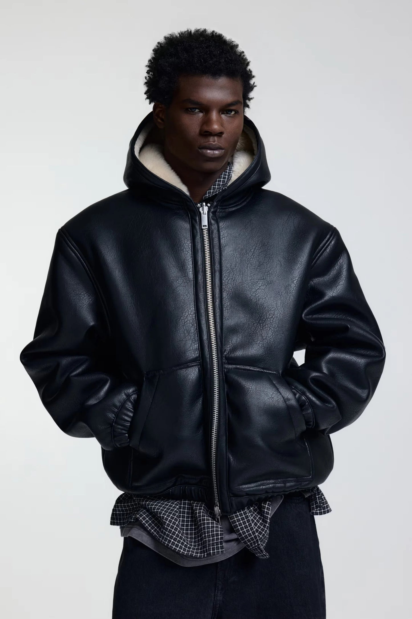 Black Hooded Shearling Leather Jacket – Warm Zip-Up Winter Hoodie Coat