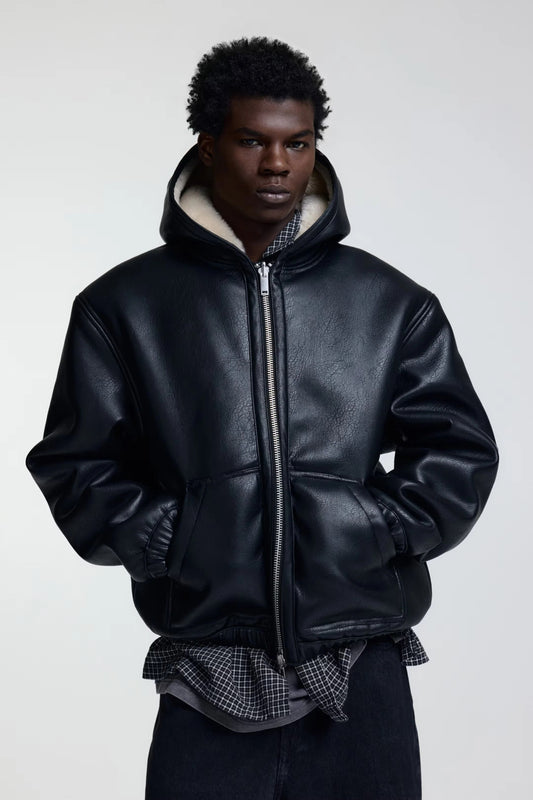 Black Hooded Shearling Leather Jacket – Warm Zip-Up Winter Hoodie Coat