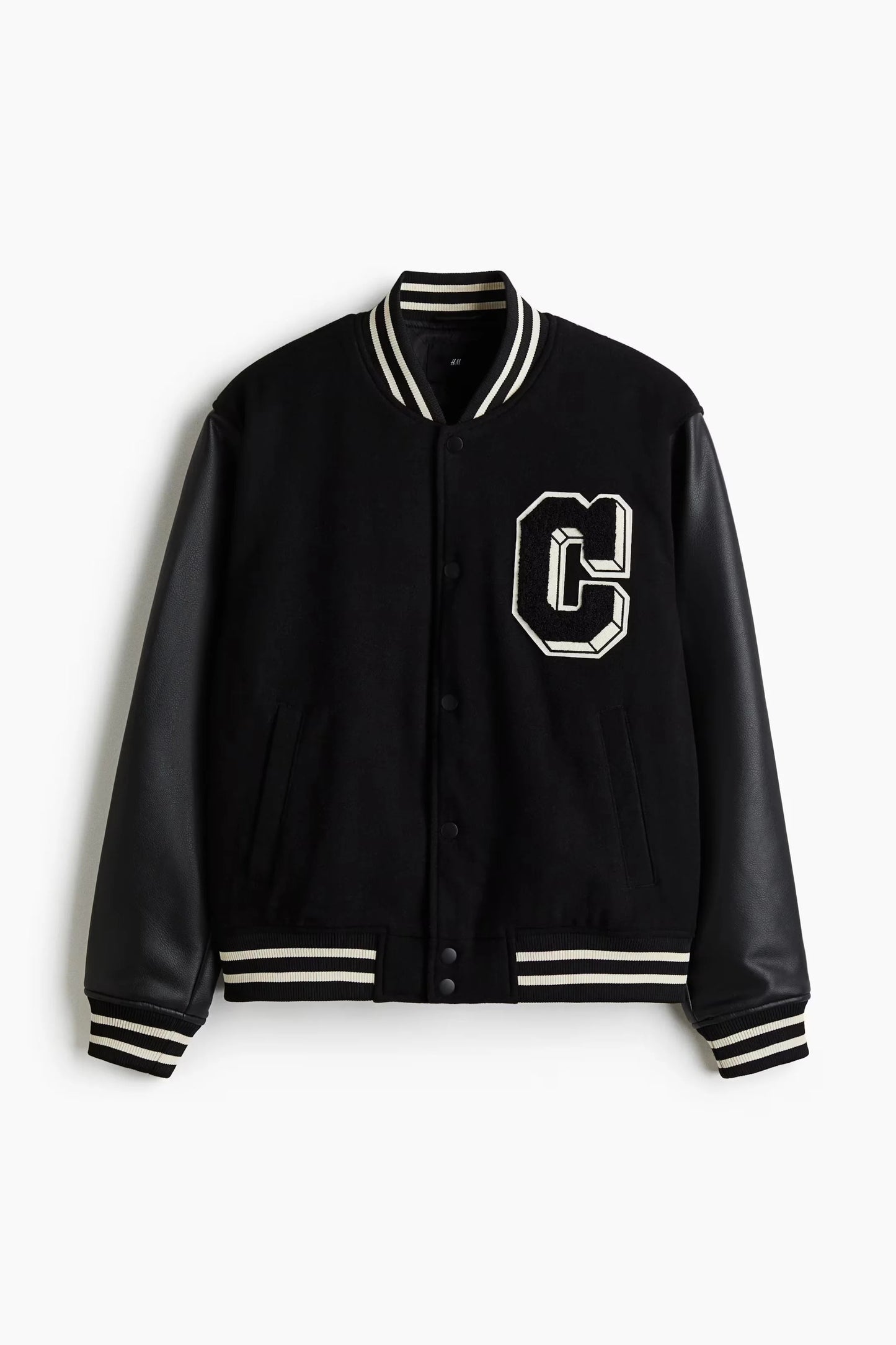 Black Varsity Jacket with Leather Sleeves – Classic Letterman Snap-Button Jacket
