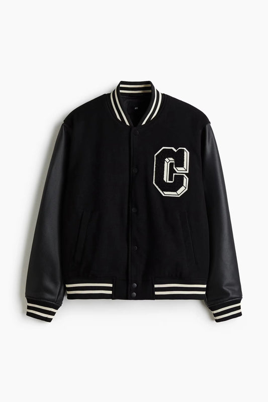 Black Varsity Jacket with Leather Sleeves – Classic Letterman Snap-Button Jacket