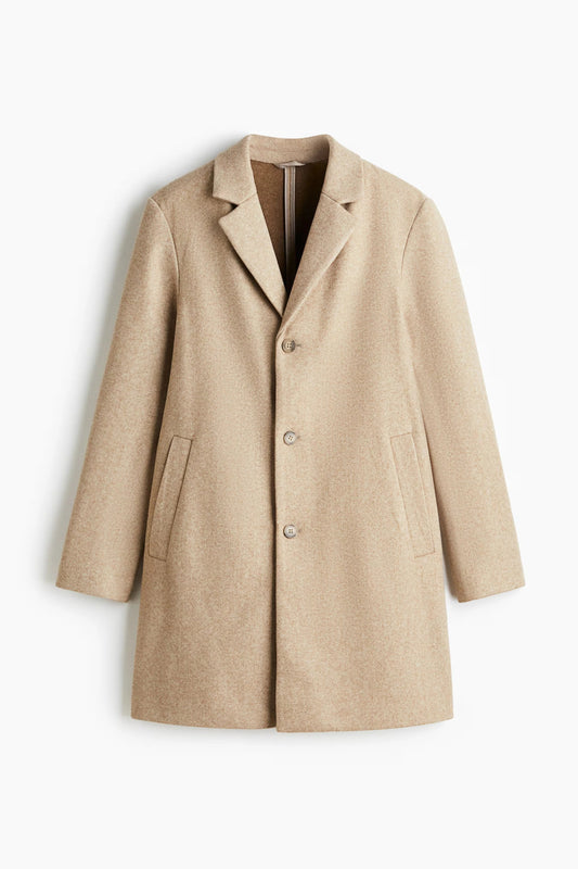 Beige Wool Blend Overcoat – Classic Single-Breasted Winter Coat