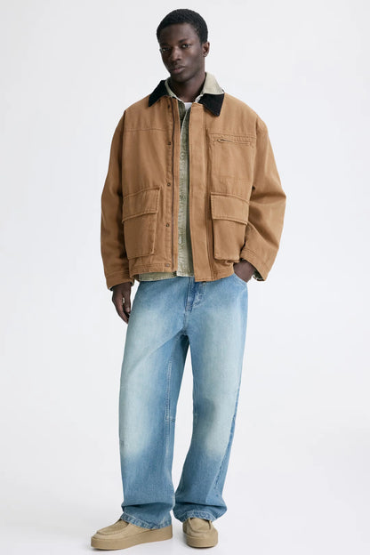 Brown Utility Jacket – Casual Workwear Canvas Jacket with Contrast Collar