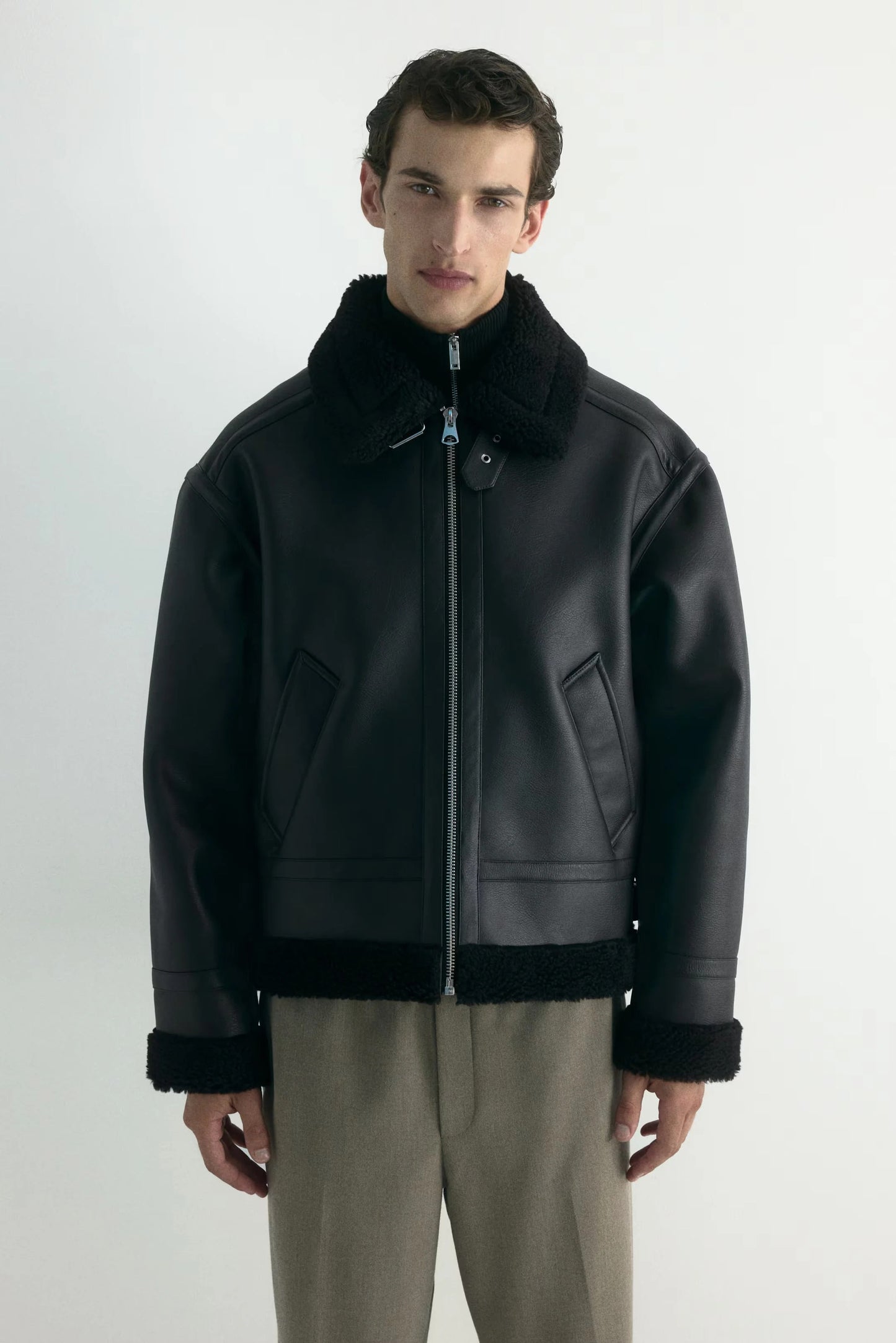 Black Shearling Leather Jacket – Classic Aviator Zip-Up Winter Coat