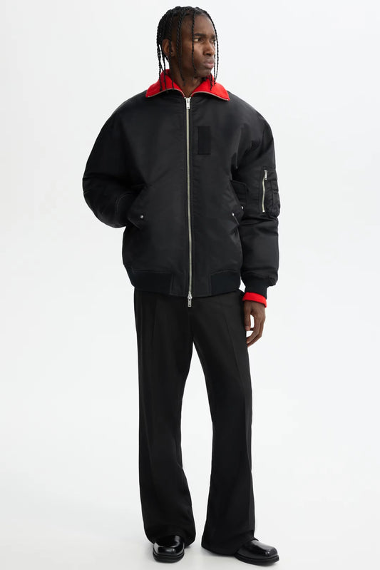 Black Bomber Jacket with Orange Lining – Classic Zip-Up Flight Jacket