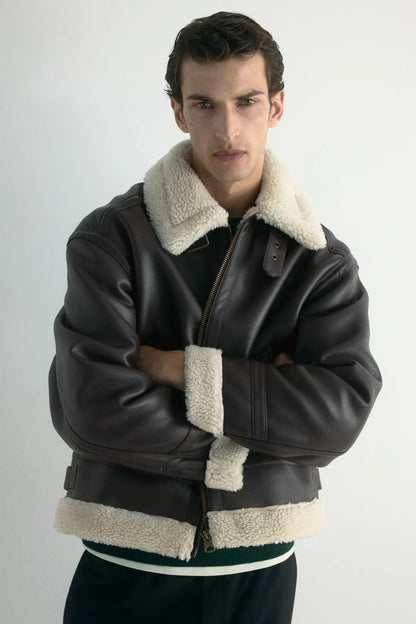 Brown Shearling Leather Jacket – Classic Aviator Winter Jacket with Faux Fur Lining