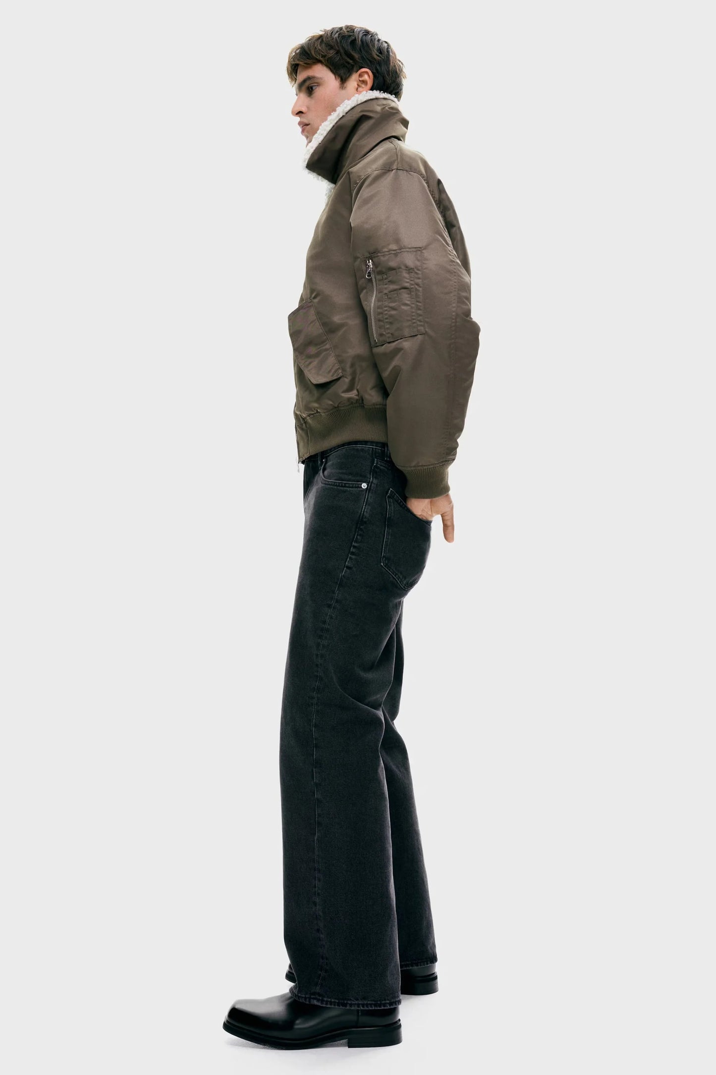 Brown Shearling Collar Bomber Jacket – Zip-Up Winter Flight Jacket