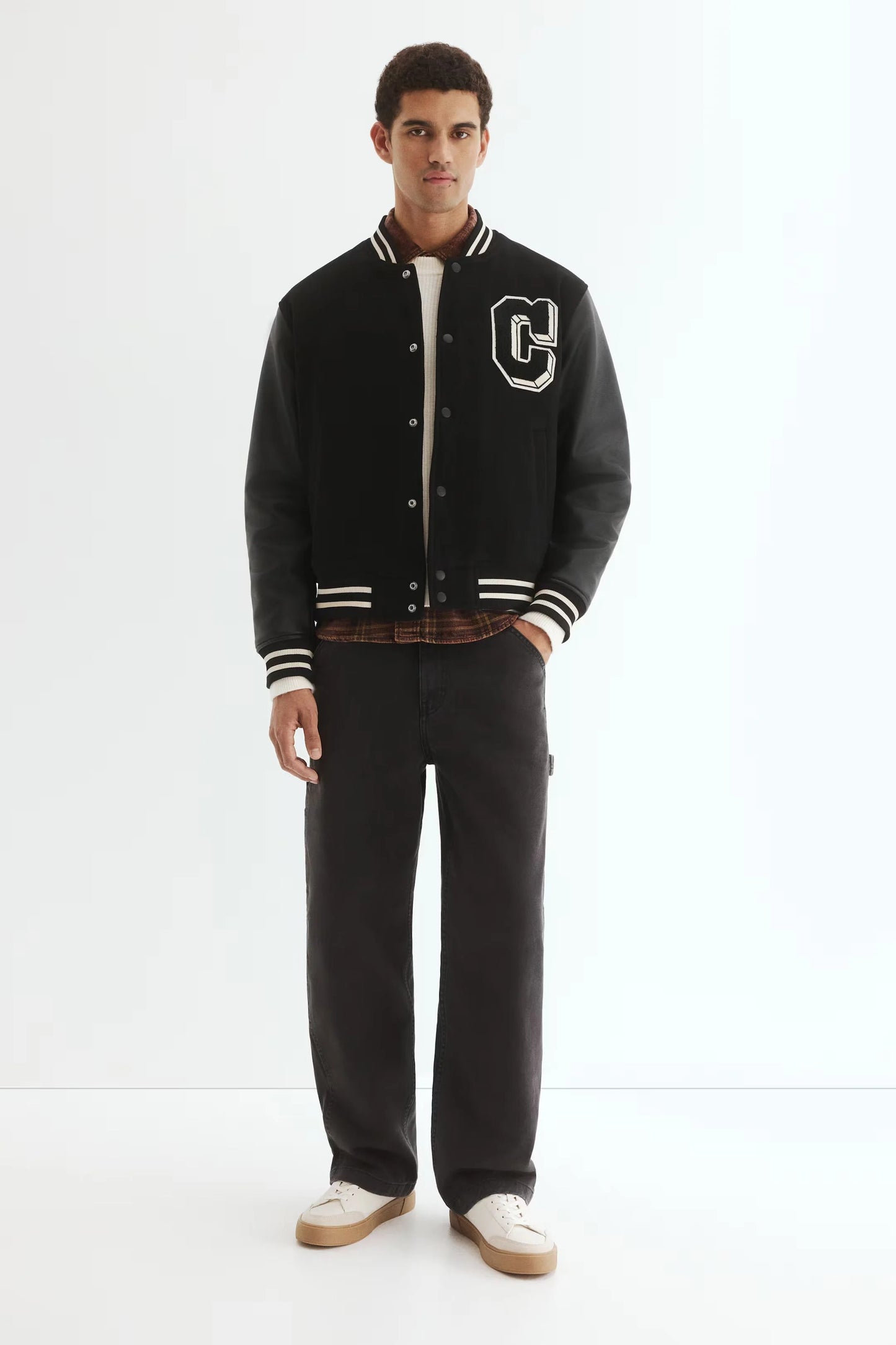 Black Varsity Jacket with Leather Sleeves – Classic Letterman Snap-Button Jacket