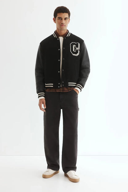 Black Varsity Jacket with Leather Sleeves – Classic Letterman Snap-Button Jacket