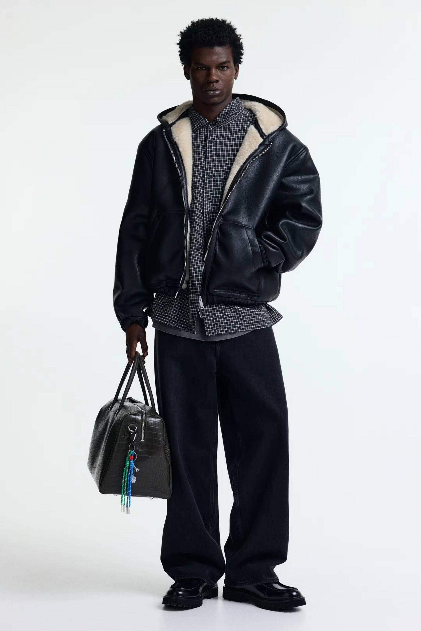 Black Hooded Shearling Leather Jacket – Warm Zip-Up Winter Hoodie Coat