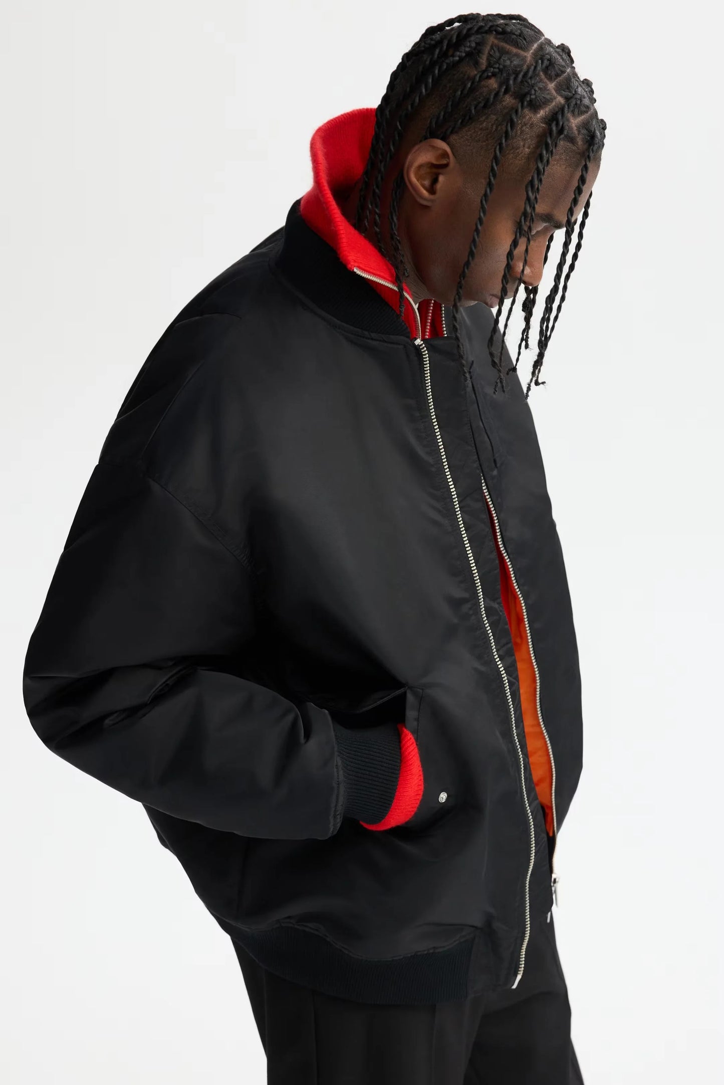 Black Bomber Jacket with Orange Lining – Classic Zip-Up Flight Jacket