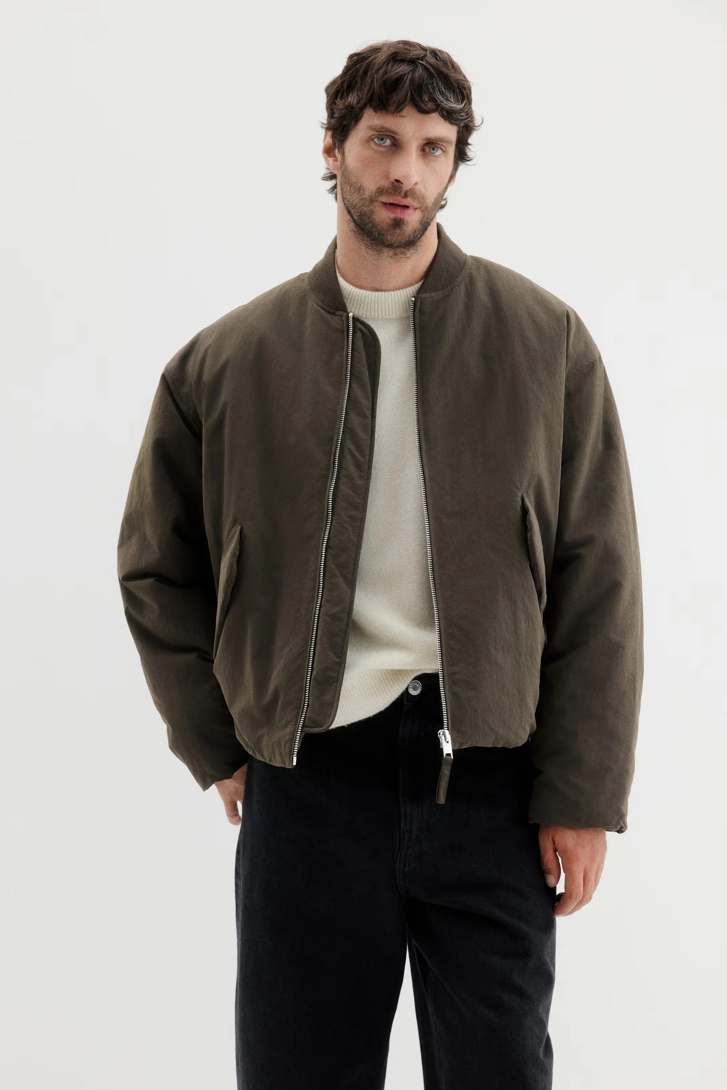 Olive Brown Zip-Up Jacket – Minimalist Lightweight Bomber Style Jacket