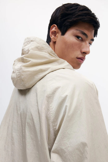 Off-White Hooded Lightweight Jacket – Minimal Windbreaker Zip Coat for Everyday Wear