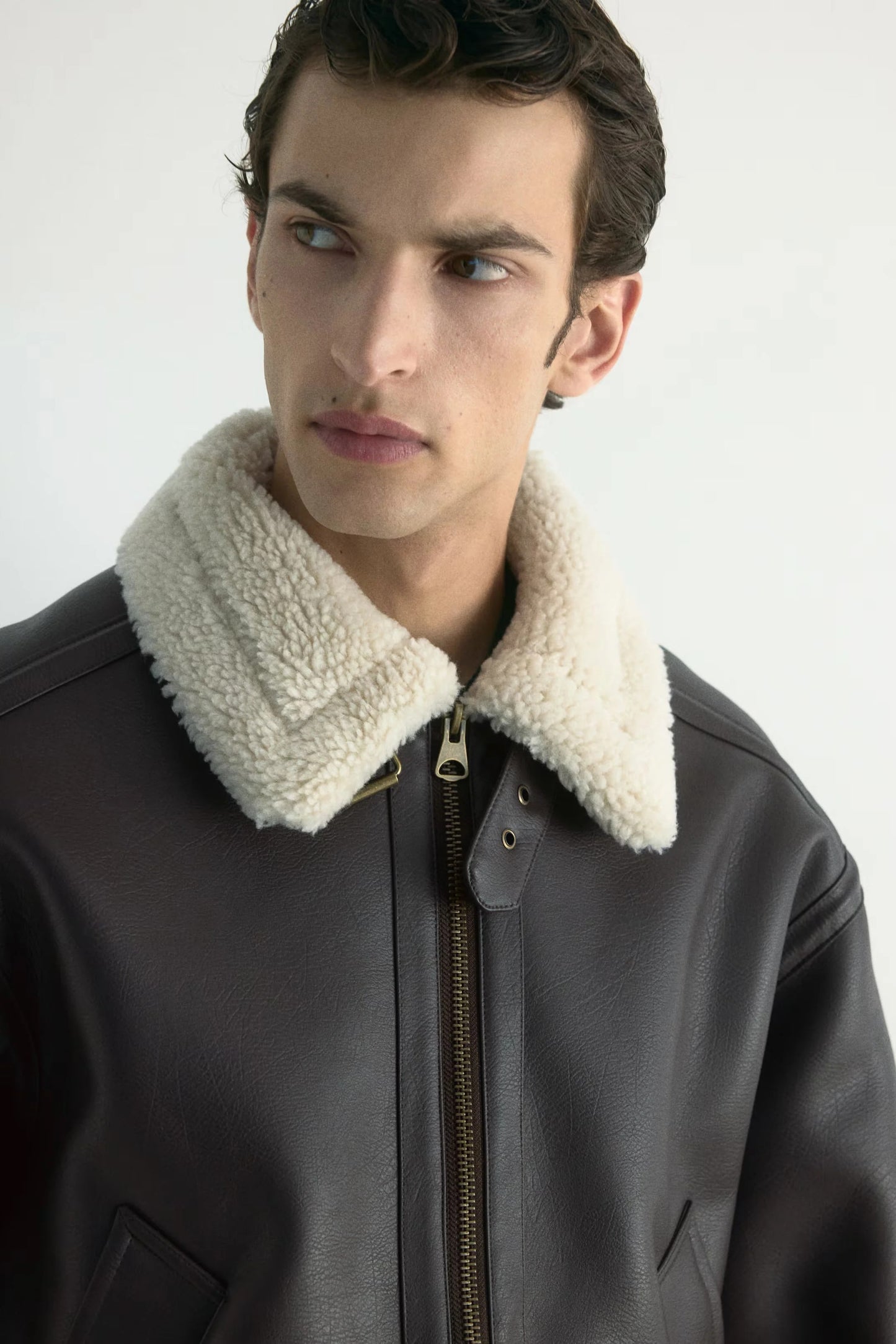 Brown Shearling Leather Jacket – Classic Aviator Winter Jacket with Faux Fur Lining