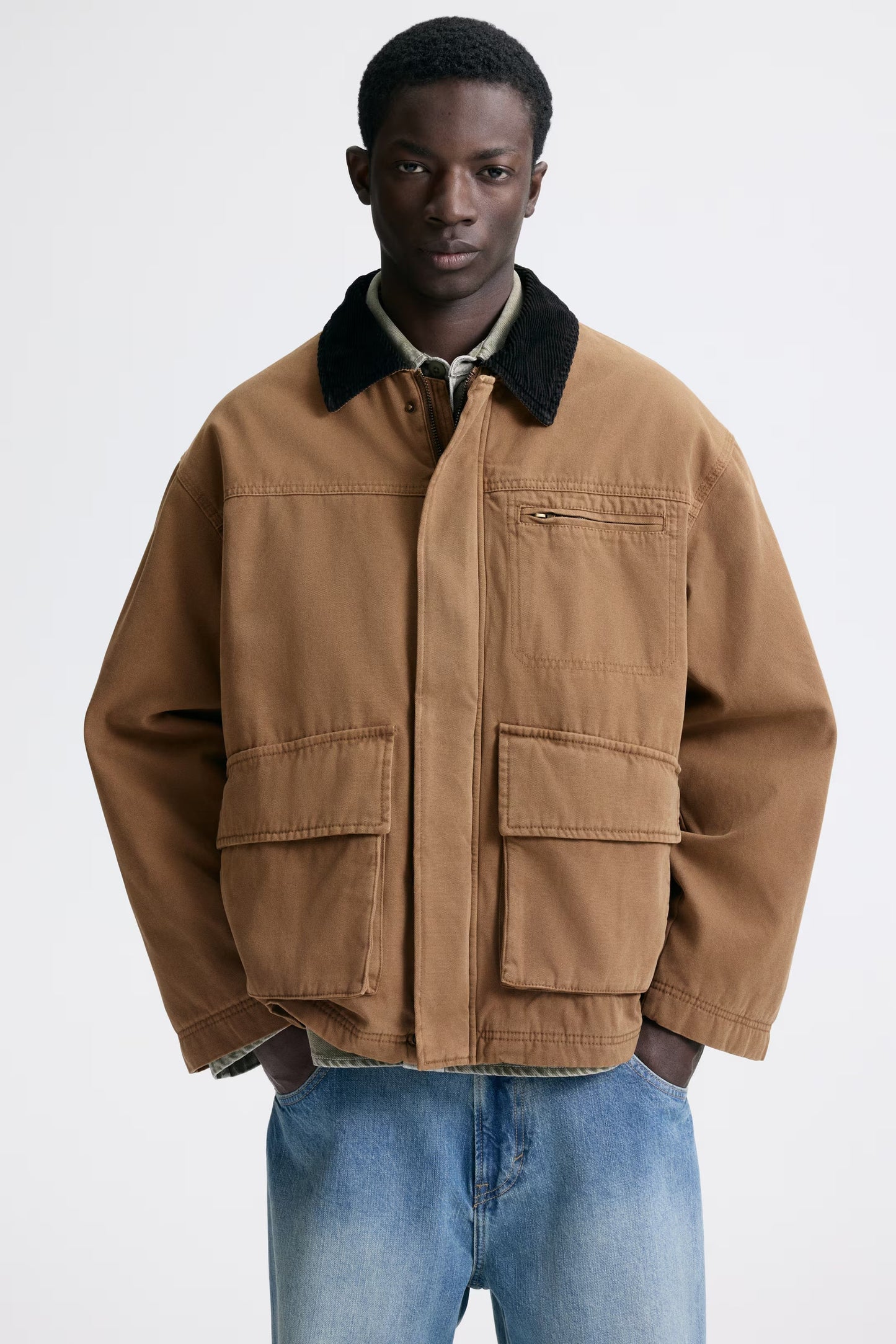 Brown Utility Jacket – Casual Workwear Canvas Jacket with Contrast Collar