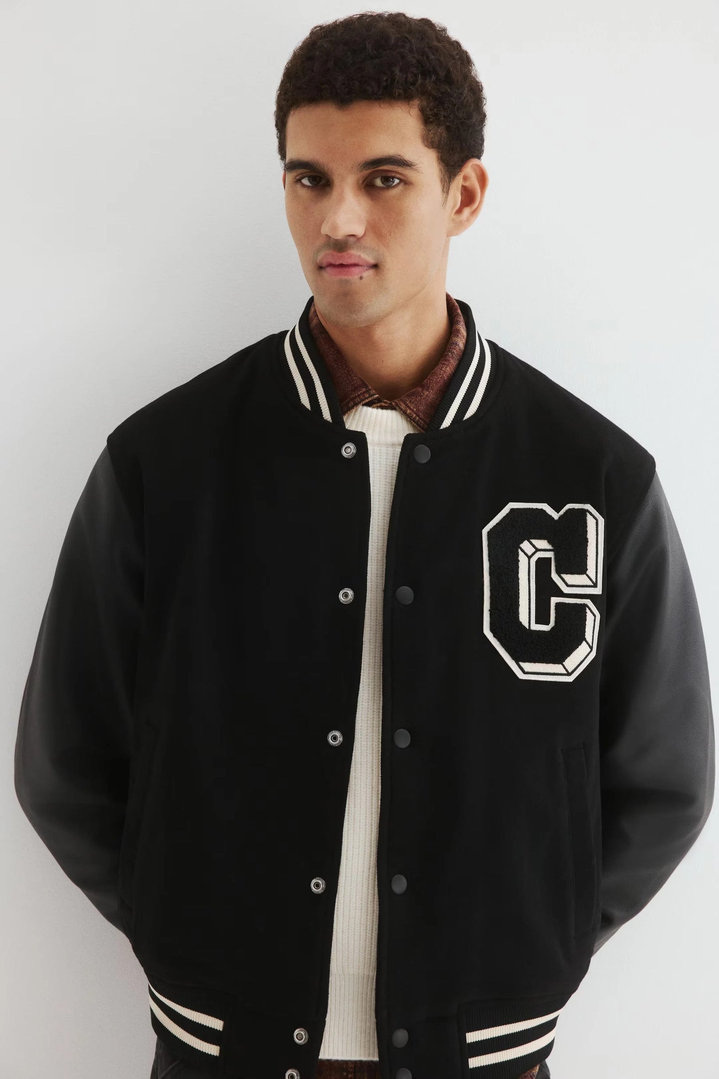 Black Varsity Jacket with Leather Sleeves – Classic Letterman Snap-Button Jacket