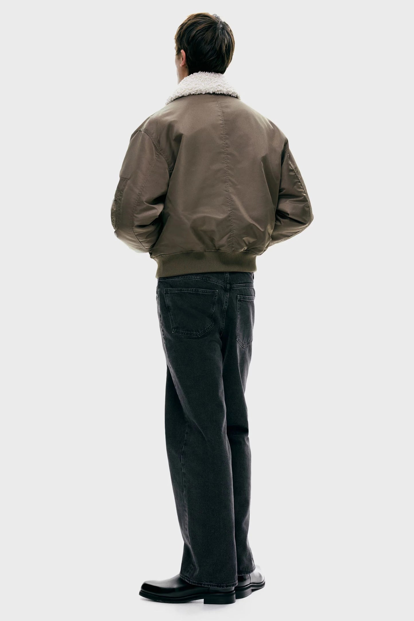 Brown Shearling Collar Bomber Jacket – Zip-Up Winter Flight Jacket