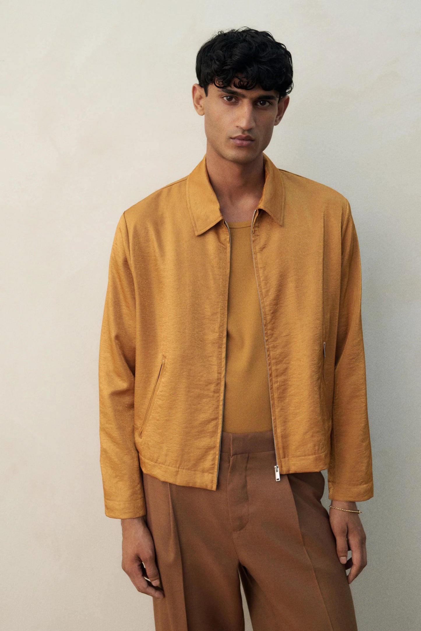 Mustard Brown Zip-Up Casual Jacket – Lightweight Minimal Jacket with Collar