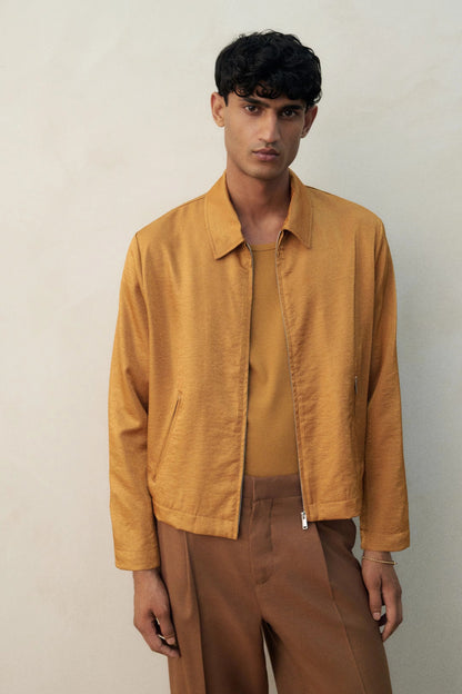Mustard Brown Zip-Up Casual Jacket – Lightweight Minimal Jacket with Collar