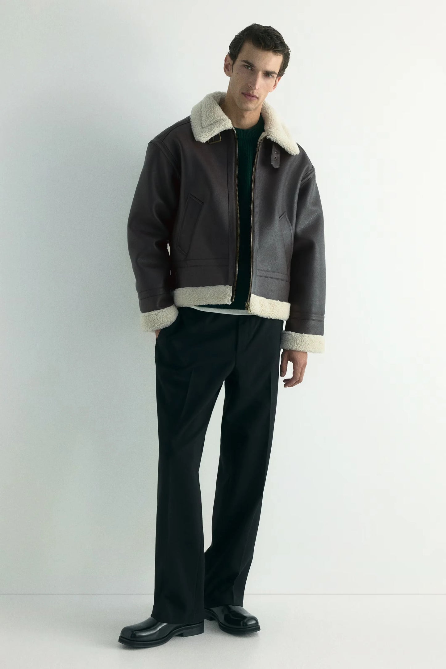 Brown Shearling Leather Jacket – Classic Aviator Winter Jacket with Faux Fur Lining