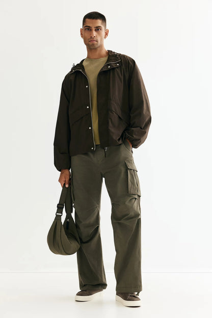 Dark Brown Hooded Lightweight Jacket – Minimal Windbreaker with Concealed Zip