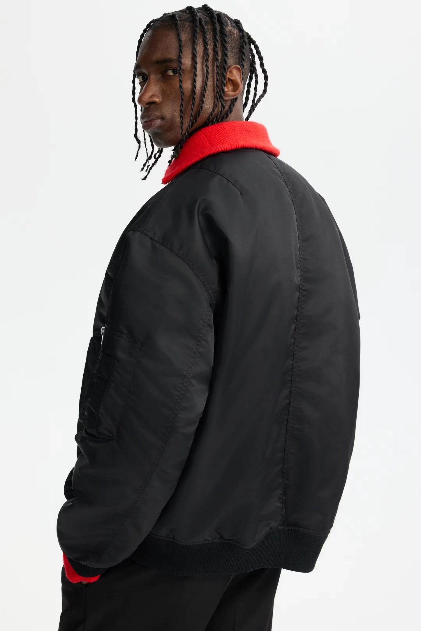 Black Bomber Jacket with Orange Lining – Classic Zip-Up Flight Jacket