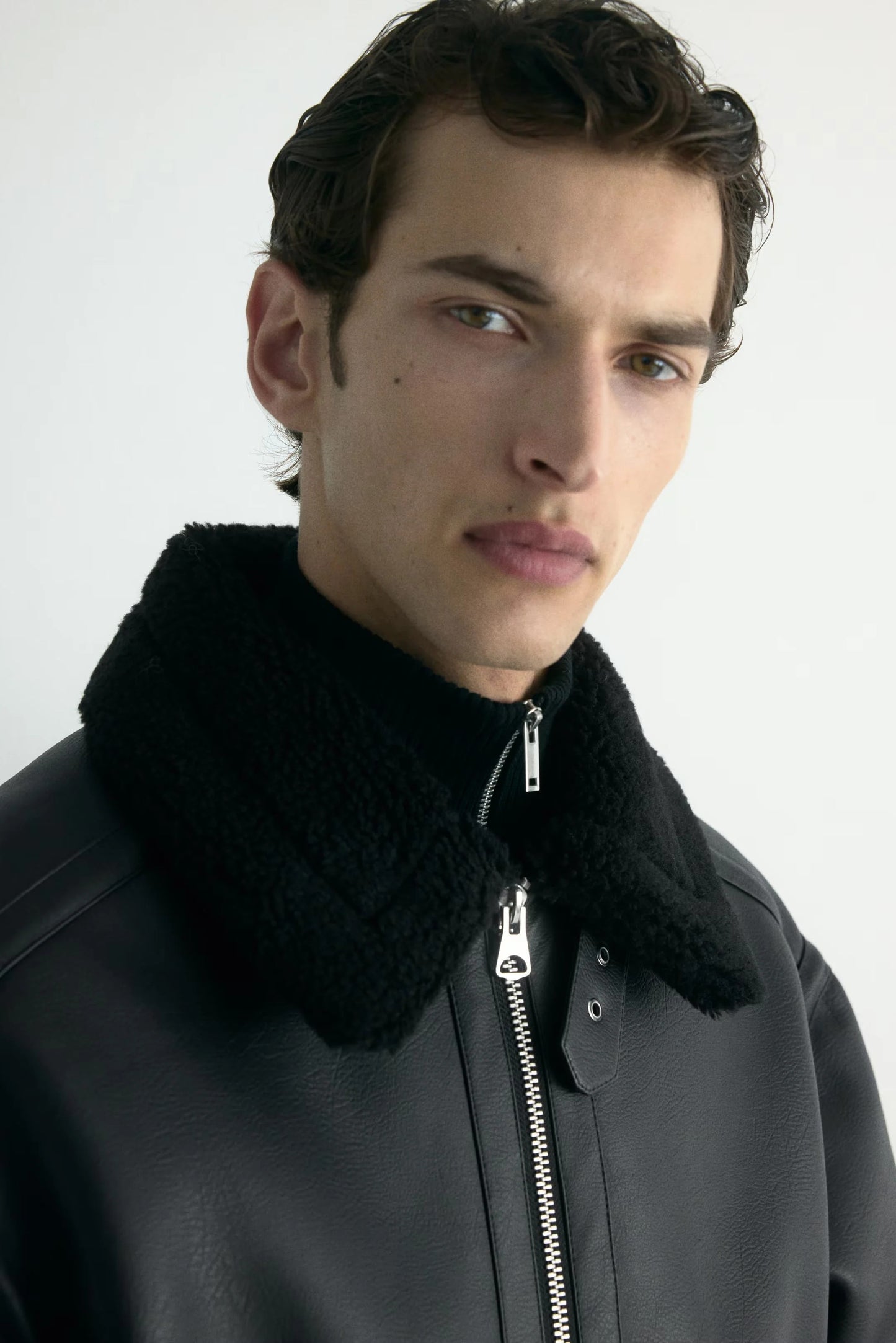 Black Shearling Leather Jacket – Classic Aviator Zip-Up Winter Coat