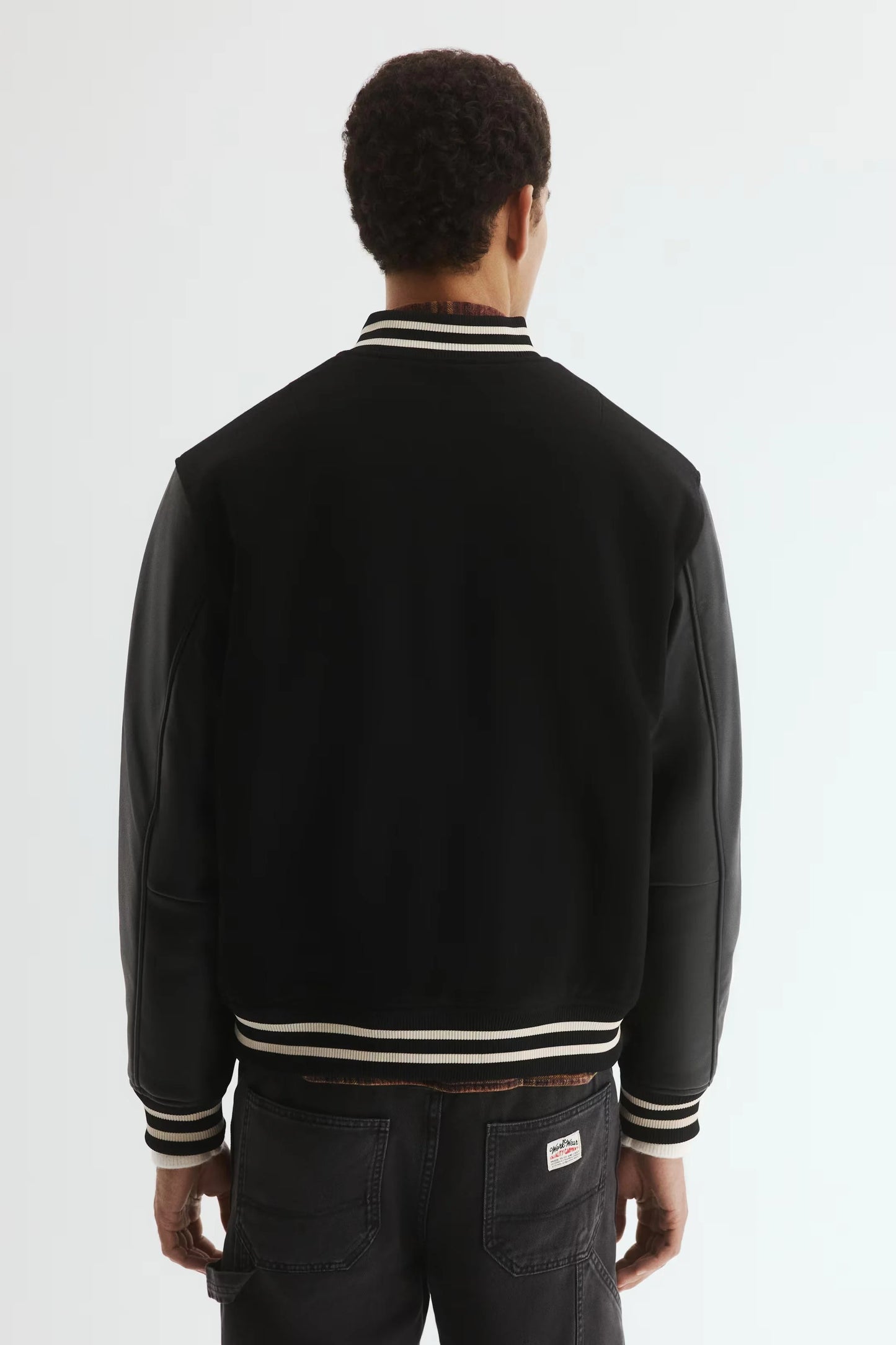 Black Varsity Jacket with Leather Sleeves – Classic Letterman Snap-Button Jacket