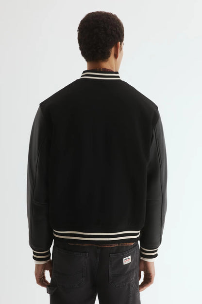 Black Varsity Jacket with Leather Sleeves – Classic Letterman Snap-Button Jacket